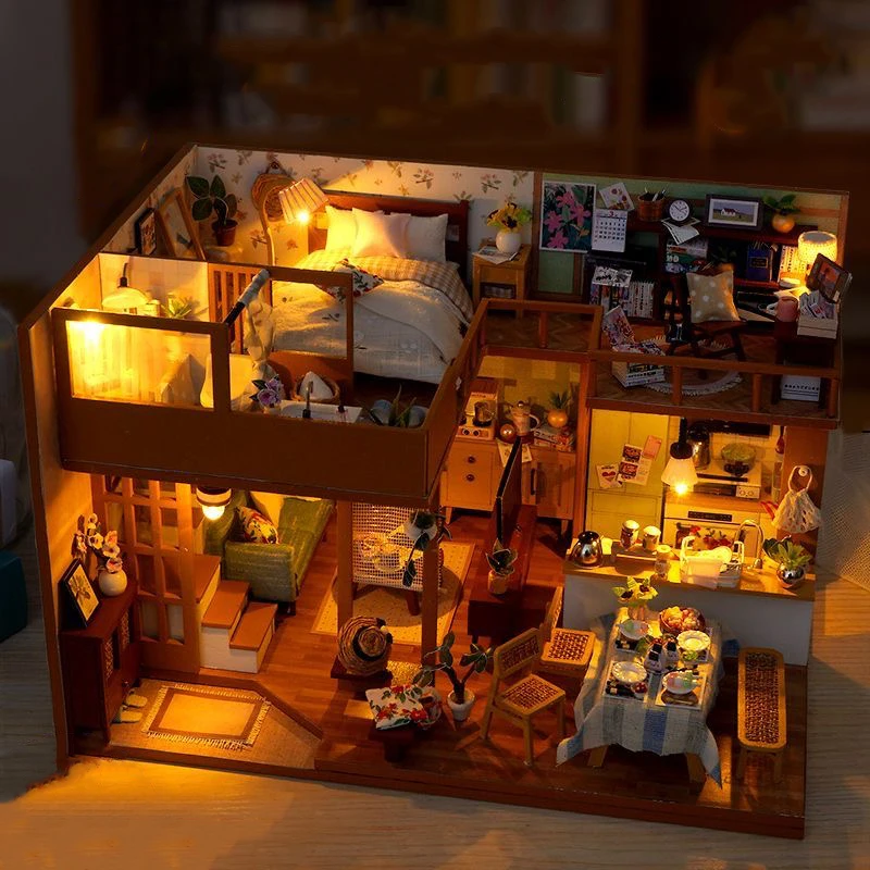 

DIY Wooden Japanese Loft Villa Miniature Model Kits With Furniture LED Lights Dollhouse Big Villa for Friends Birthday Gifts