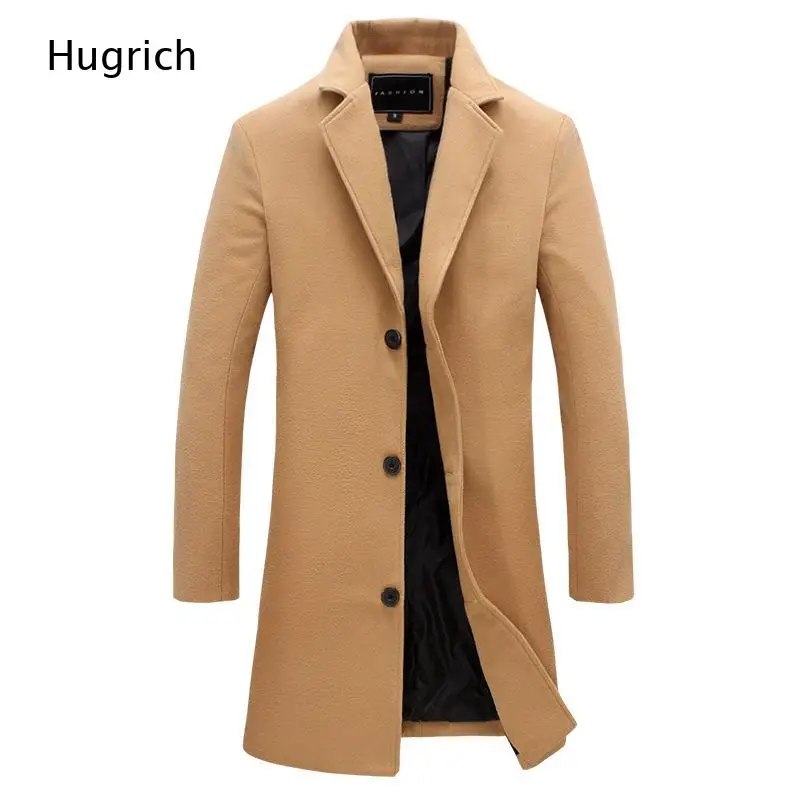 Men Camel Notched Lapel Single Breasted Mid Length Wool Blend Trench Coat Business Overcoat