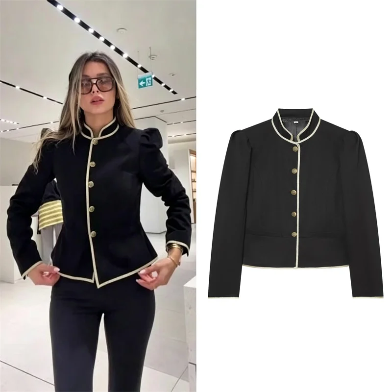 Guobioziy Women's Jacket 2026 Early Autumn New Style Fashionable Versatile Long-Sleeve Stand Collar Color-Blocked Trim Blazer