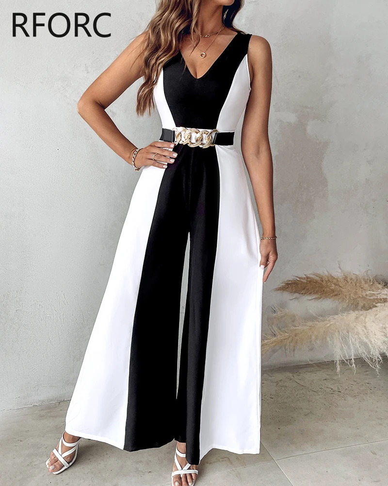 2024 Women V Neck Patchwork Sleeveless Wide Leg Working Formal Jumpsuits