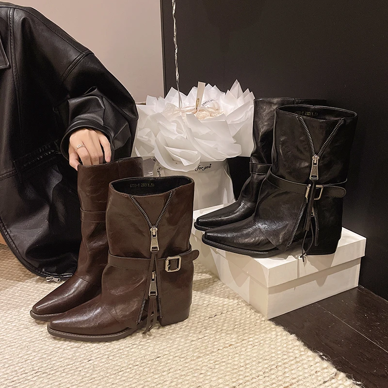 Brown Belt Buckle Tall Rider  New Pointed Toe Chunky Heel Motorbike Boots Fall/Winter Ankle Boots with Fleece Long
