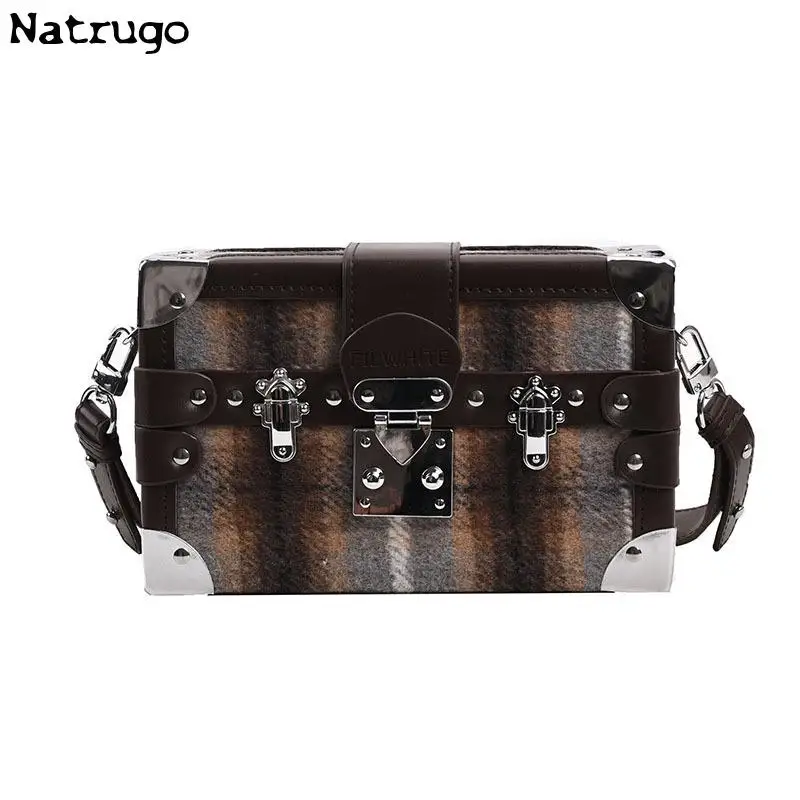 Lattice Design Box Bag Female Retro Pu Leather Patchwork Woolen Fabric Small Crossbody Bag For Women Shoulder Bag 2024 New