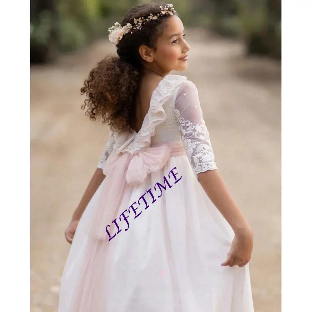 Customized Half Sleeve Flower Girl Dresses Pink Bow Back Bridal Gowns 3D Floral Detail Communion Vestidos De Comunion