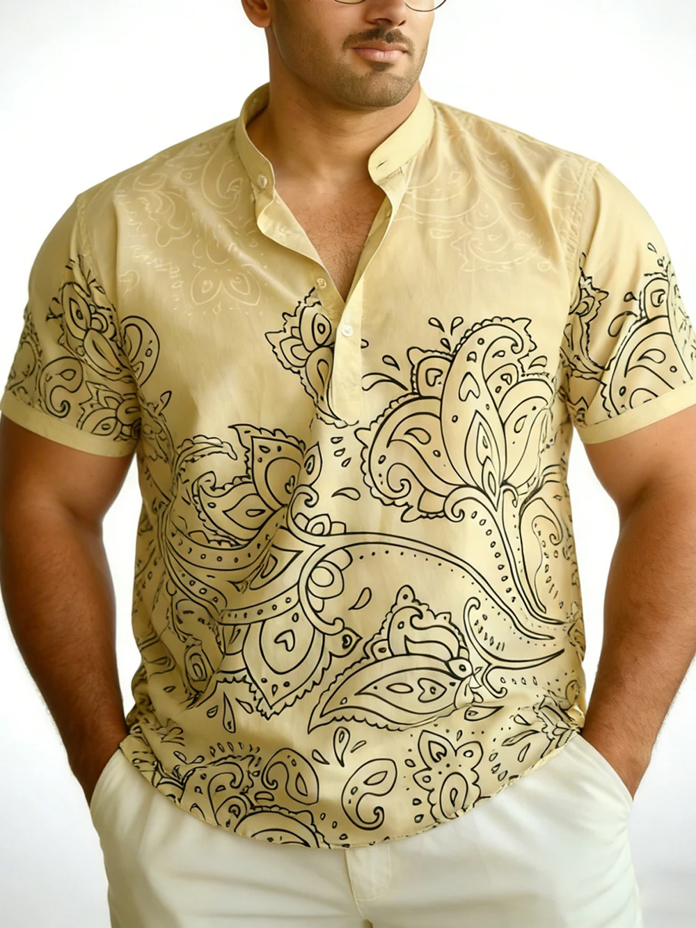 Men's new linen short-sleeved shirt natural plant high-definition printed shirt Hawaiian vacation outdoor social mens clothing​