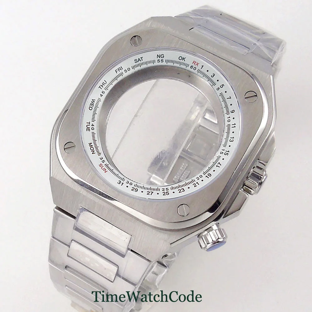 

GMT Watch Case 42mm Square Fit NH35A NH36A NH34 Sapphire Crystal 316L Stainless Steel Glass Back Cover Rotating Chapter Ring