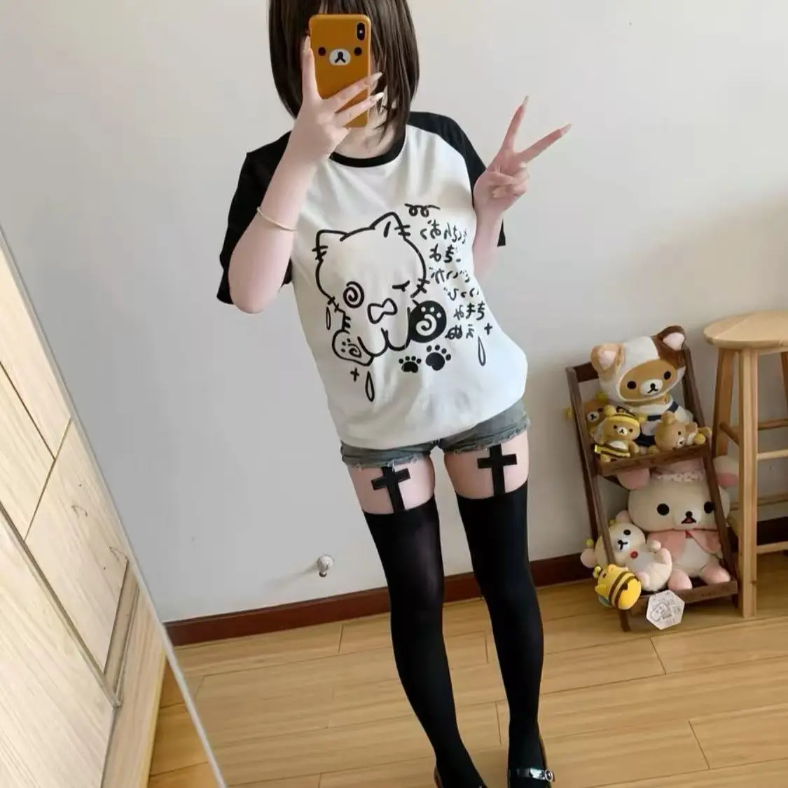 2026 Summer Kawaii Cute Cartoon Print Tshirt Japanese Patchwork Women Casual Loose Tops Y2k Aesthetic Contrast Color Grunge Tees