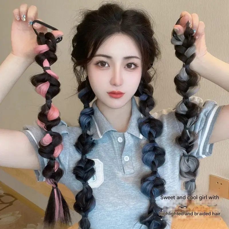 Braided Ponytail Extension with Hair Tie Pink and Black Bubble Wrap Around Pony Tail Hair Extensions Natural Soft Elastic Hair