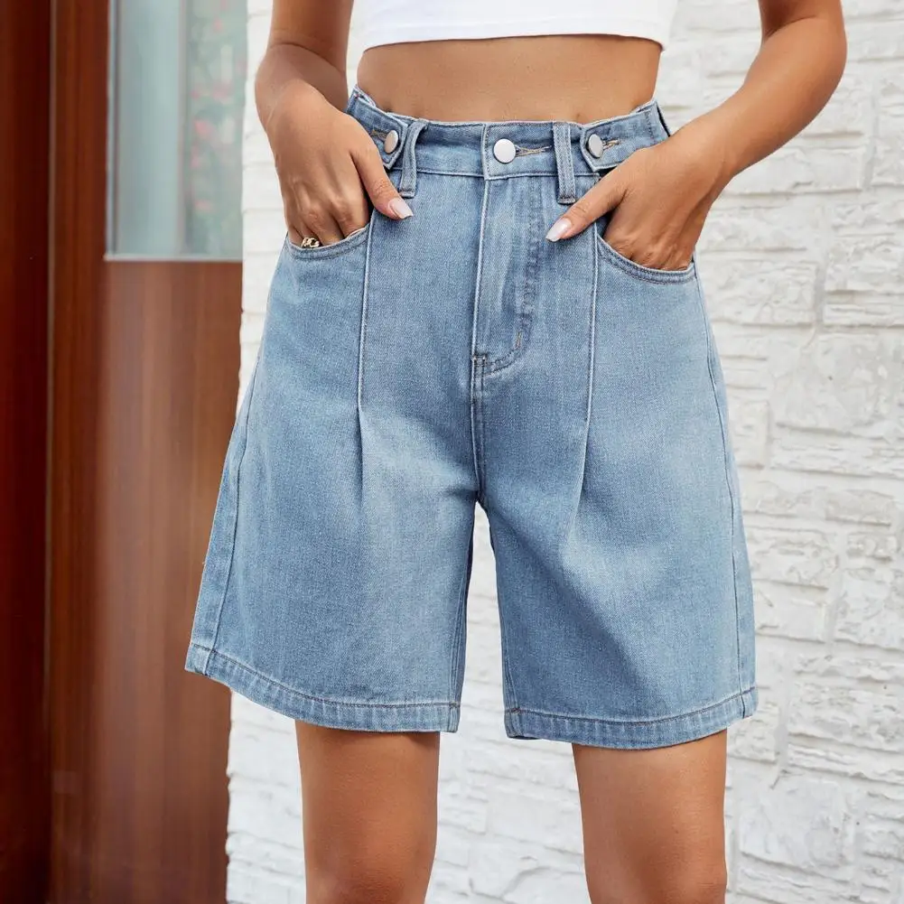 

Women Short Jeans A-line Adjustable Buttoned Waist Zipper Closure Solid Color Loose Lady Knee Length Denim Shorts Casual Pants