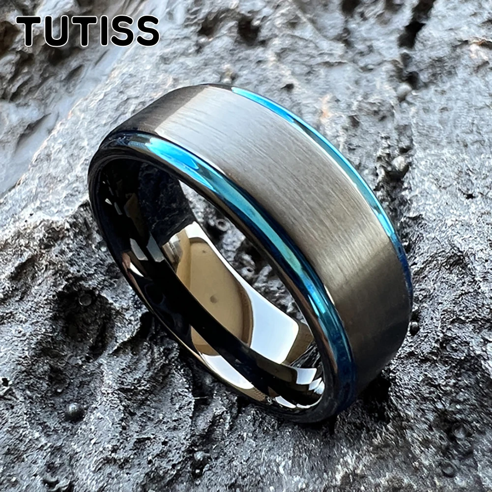 TUTISS 8mm Black Blue Color Tungsten Carbide Ring Fashion Gift Jewelry For Men Women Stepped Brushed Finish