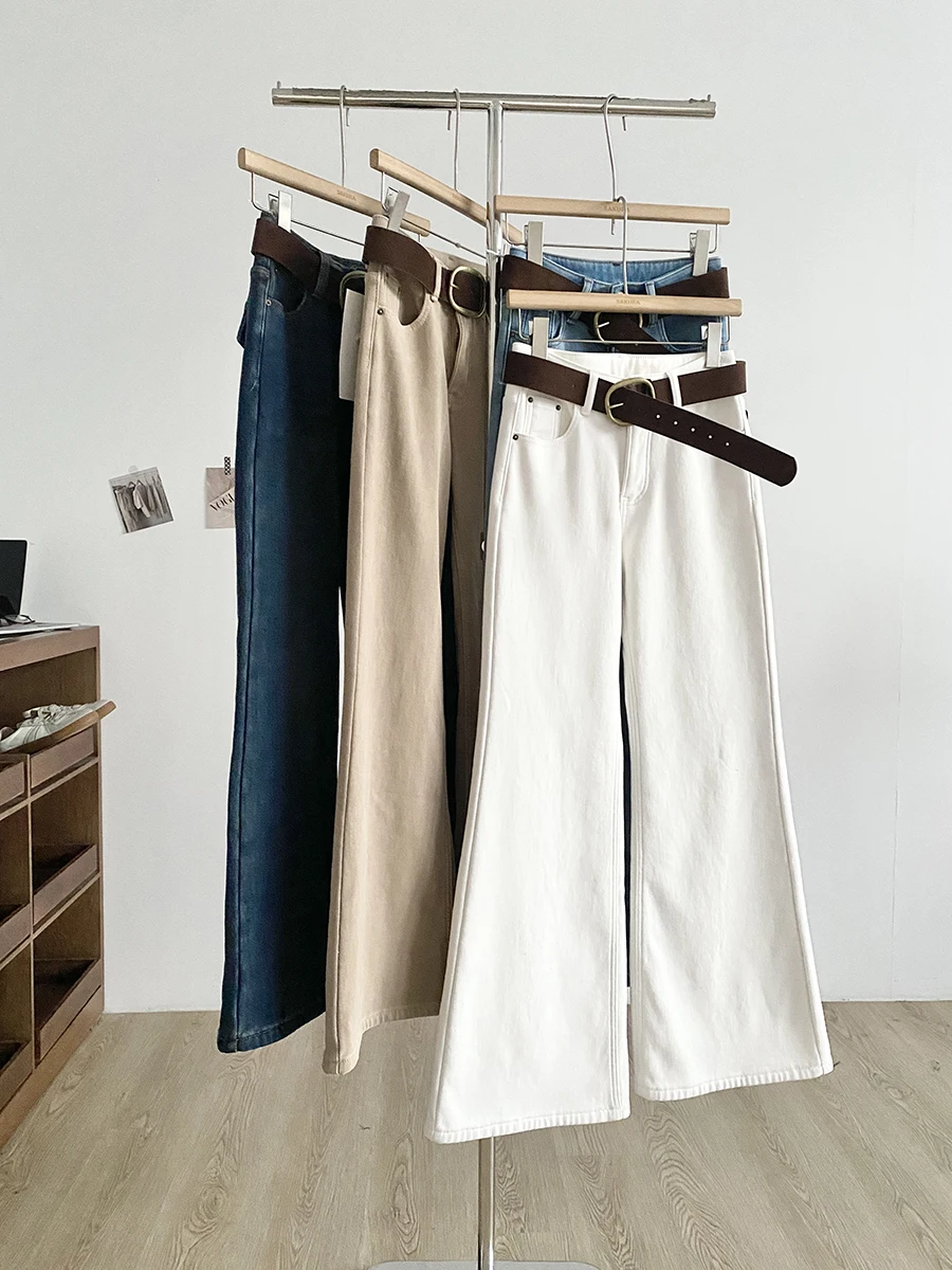 

High Waist Stretchy Denim Pants Women's Autumn Winter New Style American Retro Commute Wide Leg Floor Length Trousers