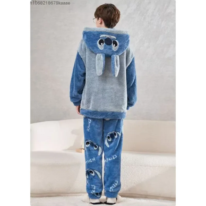 Disney Cartoon Stitch Couple Coral Fleece Pajamas Suit Cute Plush Pullover Top Pants 2 Piece Set Women Men Sleepwear Y2k Clothes