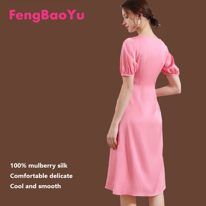 Estilo de verão feminino 100% cetim de seda manga curta vestido feminino saia amoreira seda design irregular roupas de moda high-end