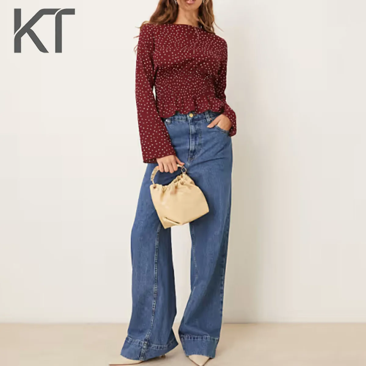 

Элегантная женская блузка KT в горошек с круглым вырезом, присборенной талией, расклешенными рукавами и оборками по низу, для повседневного и уличного стиля