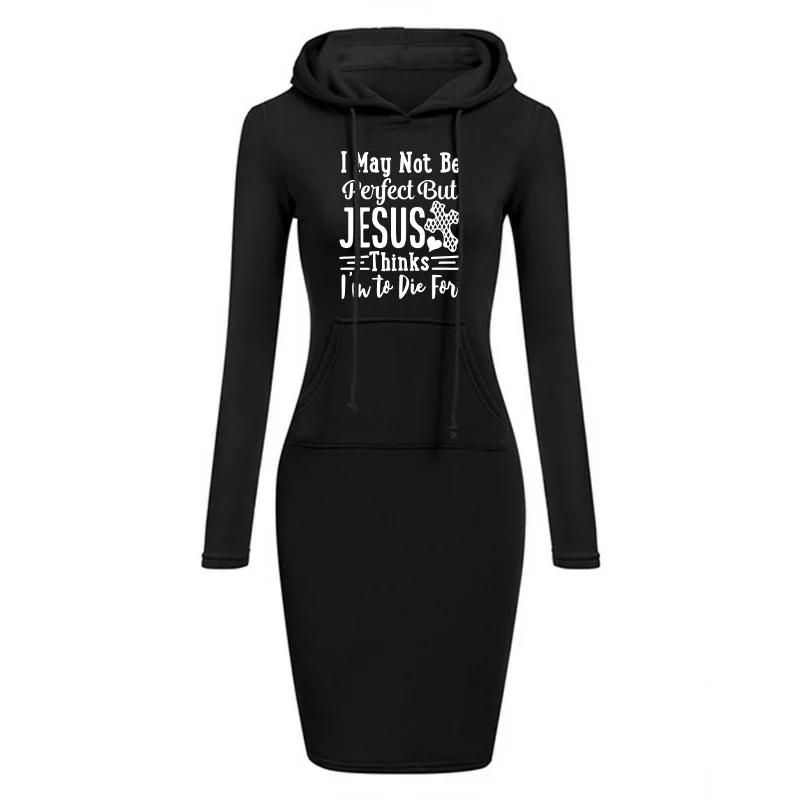 Abito midi semplice da donna in autunno e inverno, casual e confortevole, elegante e snellente, con tasche e felpa con cappuccio.