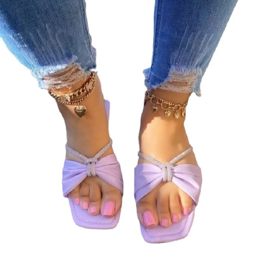 Summer new arrival fashion flat casual solid color rhinestone chic slippers plus size light sandals beach outdoor women shoes