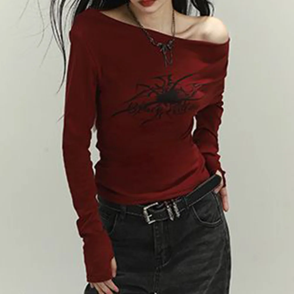 For Autumn Gothic Print T-Shirt for grunge Crop Top Red As Pictures Show Autumn Wear Daily Wear Vacation Outfit
