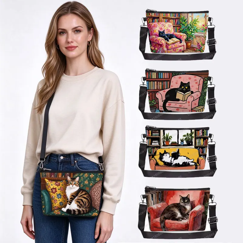 Vintage Cat Reading Book Crossbody Bag Cute Kitten on Sofa Small Messenger Bags Women Shoulder Purse for Daily Shopping Travel