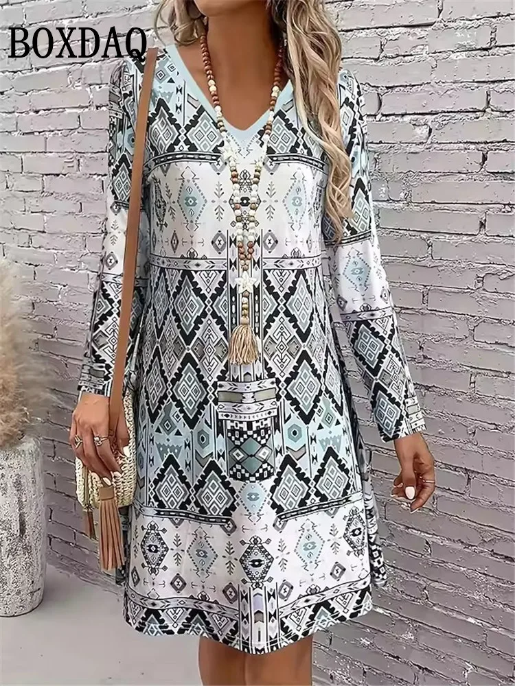 

Woman Casual Geometry Pattern 3D Print Dresses 2025 Autumn Winter Female Ethnic Style Retro Loose Dress Ladies Long Sleeve Dress