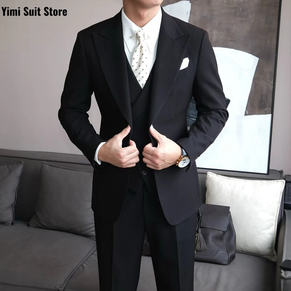 블랙 고품질 남성 정장 세트 3피스 원버스트 비즈니스 연회 사회자 사무실 남성 정장 신랑 예복 웨딩 정장 세트