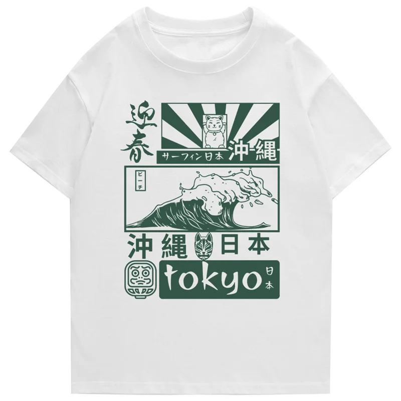 100% Cotton Japanese Retro Tokyo Wave Hip Hop T-shirt 2024 Street Fashion Painting T-shirt Short sleeved Summer Harajuku T-shirt