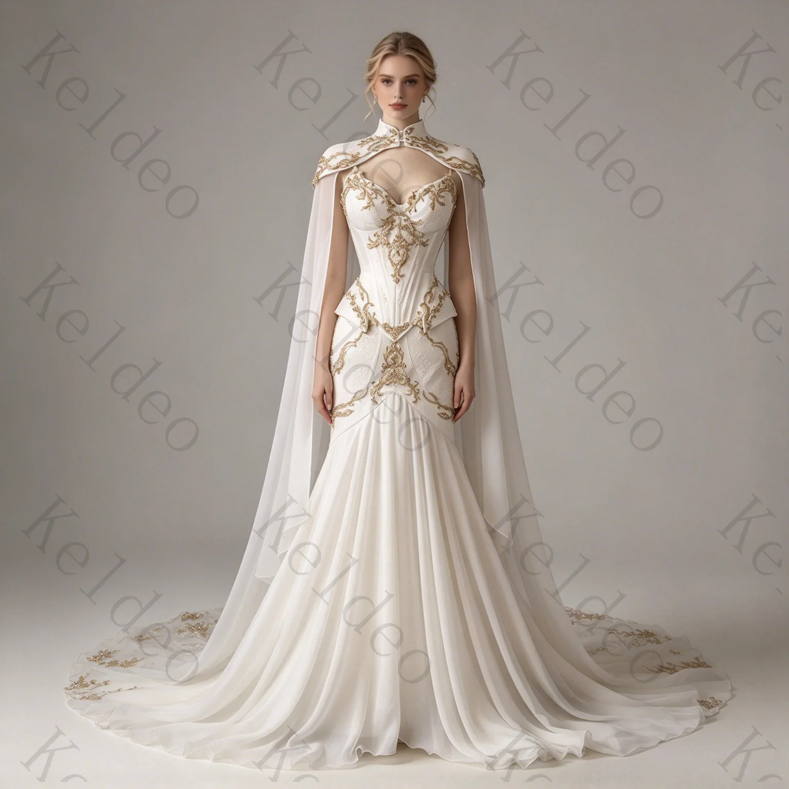 Customized Sweetheart Mermaid Sleeveless Wedding Dresses White Gold Beaded Removable Jacket Open Back Floor Length Bridal Gowns