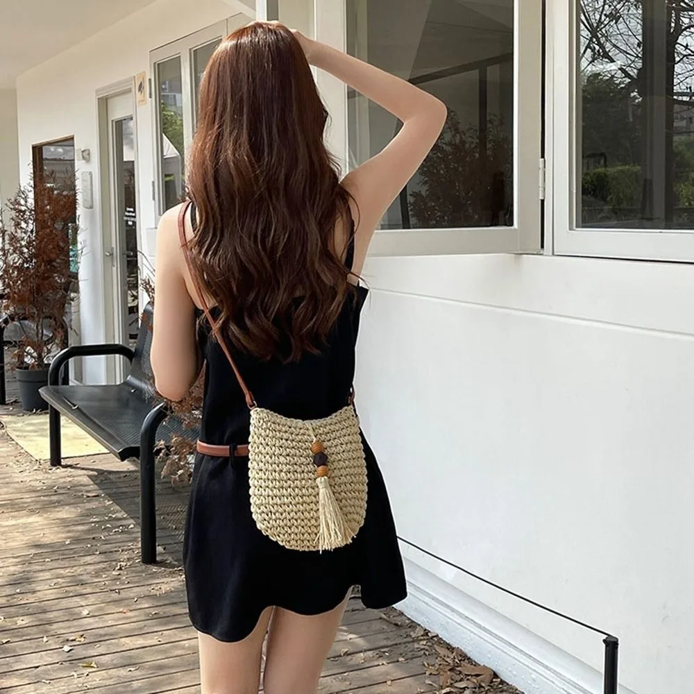 

Fashion Pu Leather Raffia Bag Tassels Wood Bead Weave Straw Crossbody Bag Mobile Bag Bohemian Style Tassels Beach Bag Travel