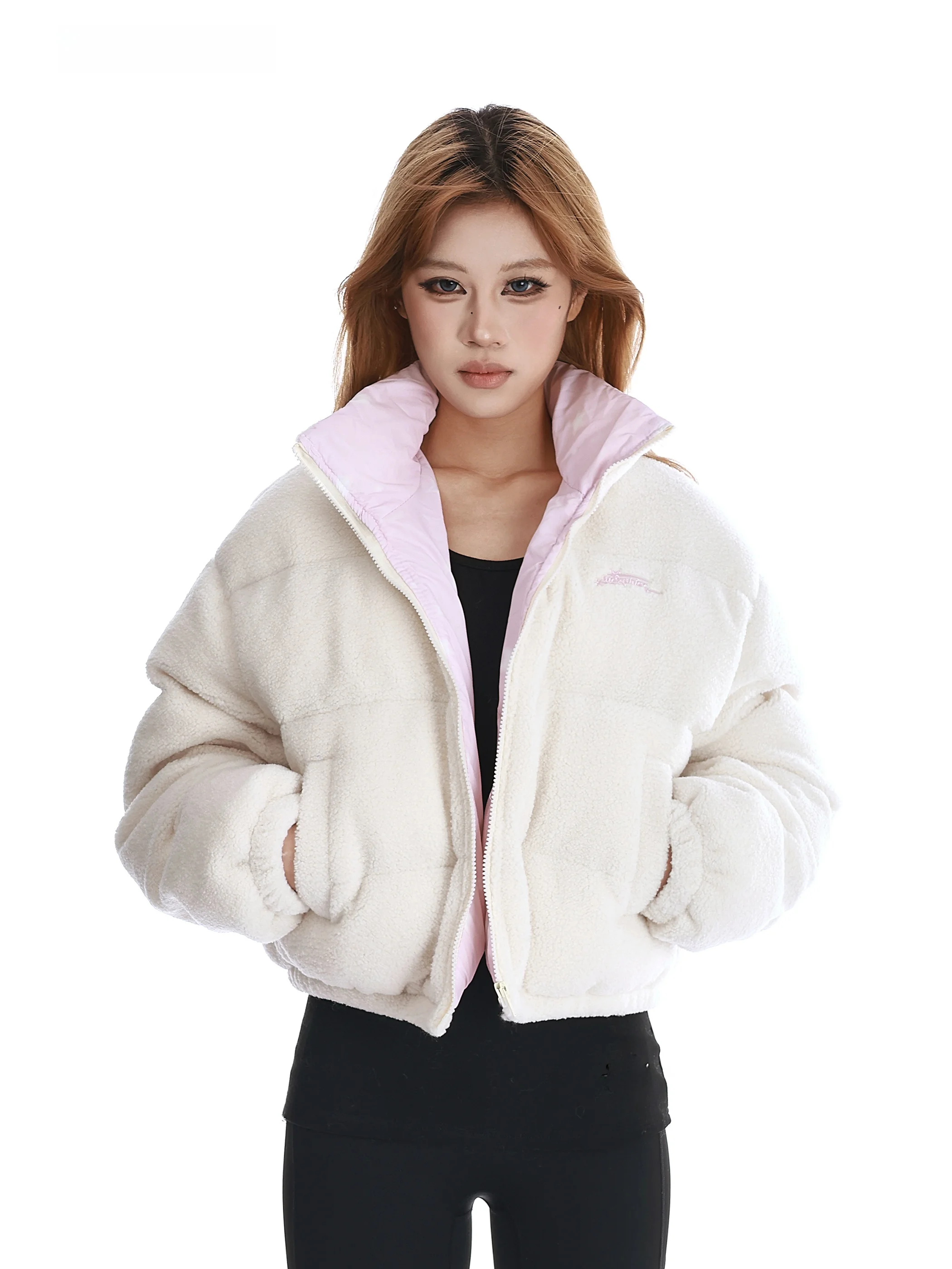 

Warm ort Cotton Jaet Women's Autumn Winter Faion Design eepskin Collar Coat Thiened High Collar Zipper Closure