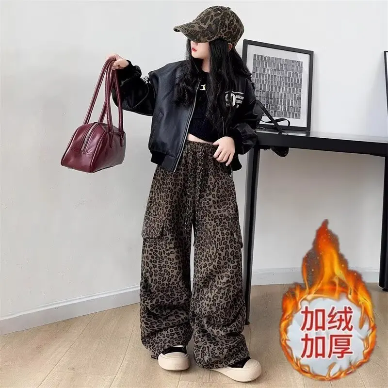 الشتاء بناطيل تدفئة للفتيات سميكة الصوف مبطن الأطفال سراويل تقليدية 120-170 الكورية نمط ليوبارد طباعة Sweatpants للفتيات