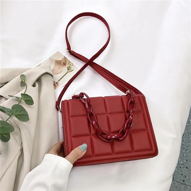 Red PU Crossbody Bag 2023 Women\'s Fashion Checker Chain Buckle Shoulder Bag Casual Trend Versatile Commuter Stereoscopic Handbag