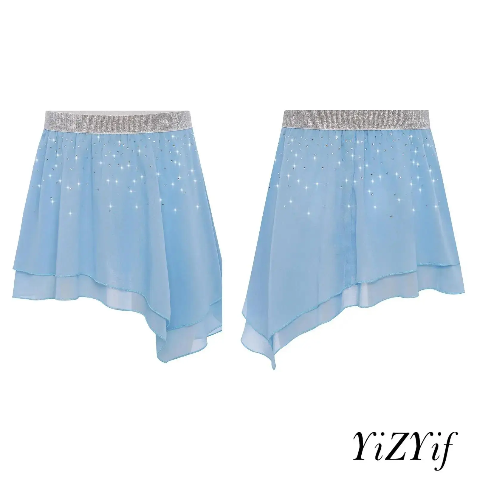 

Kids Girls Ballet Dance Skirt Elastic Waistband Sparkling Rhinestones Asymmetrical Chiffon Skirt Training Performance Costume