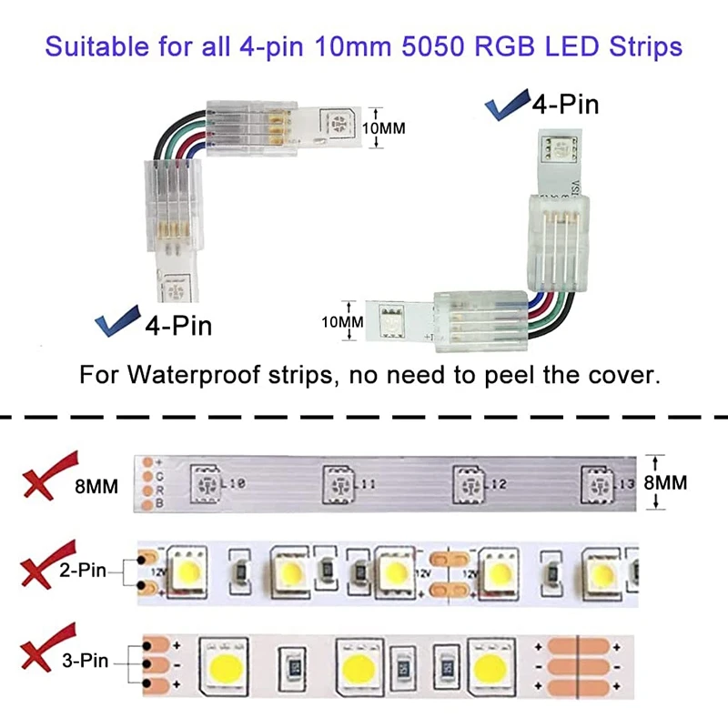 L Shape 4-Pin RGB LED Connectors 6 Packs 10mm Wide Right Angle Corner Solderless Adapter Terminal Extension Connectors