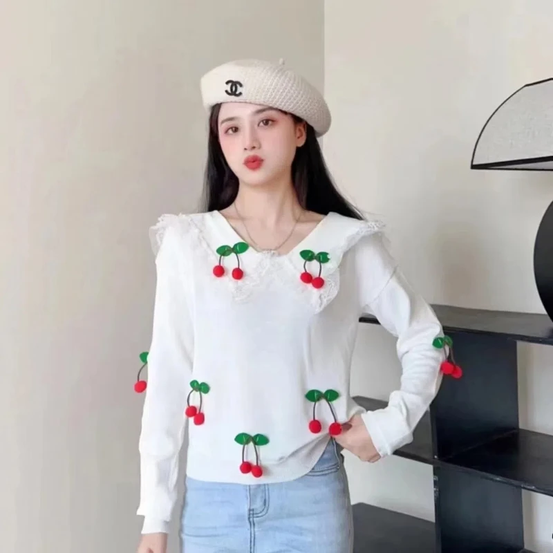 Cherry Doll Neck Knitted Sweater Slim Fit and Versatile Spring New Style Western-style Pullover Long Sleeved Top