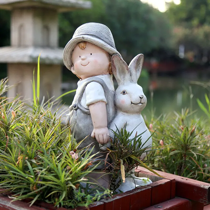 Creative Resin Rabbit Figurine for Garden Cute Cartoon Kid Statue Whimsical Courtyard Ornament for Patio Rustic Landscape Decor