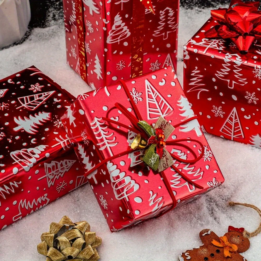 1 Roll Christmas Red Wrapping Paper 17 In X 33 Ft Luxury Metallic Shiny Red Christmas Tree and Snow Foil Roll Winter HolidayGift