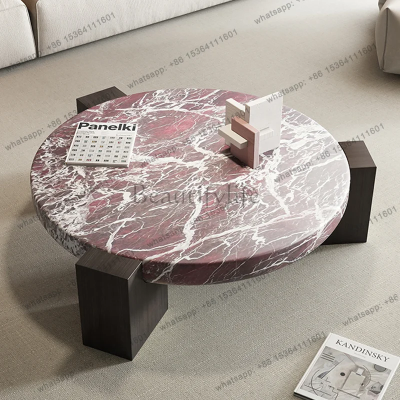 YJ Cream wind tunnel stone coffee table round high-end living room home creative marble medium ancient solid wood