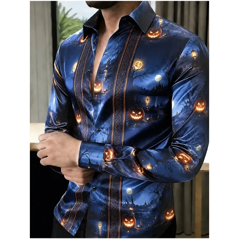 Pumpkin Castle Crescent Night 3D Printed Slim-Fitting Long-Sleeve Shirt, Dark-Colored Atmospheric Men's Party Shirt