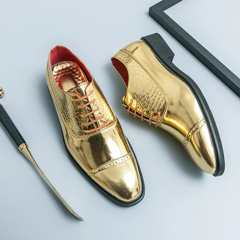 

New Men's Casual Shoes Classic Embossed Gold patent Leather Shoes Comfortable Business Dress Shoes Man Loafers Plus Size 38-46