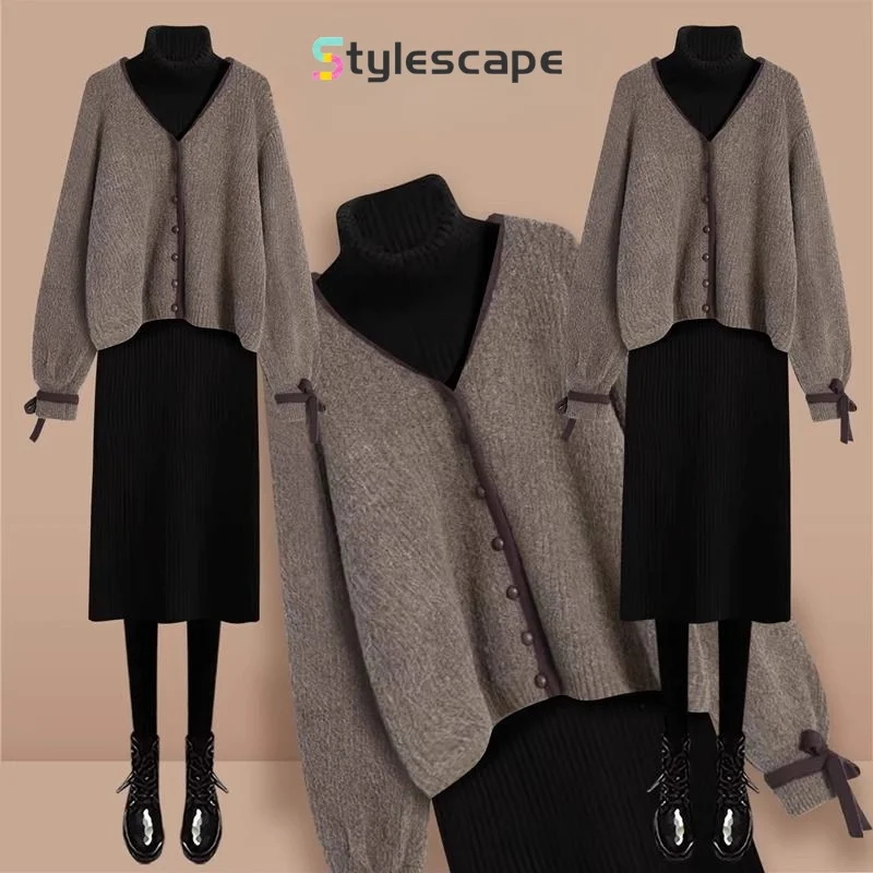 

2024 Autumn/Winter New Design Feeling Lazy and Loose V-neck Sweater Coat Women's High Neck Knitted Dress Two Piece Set