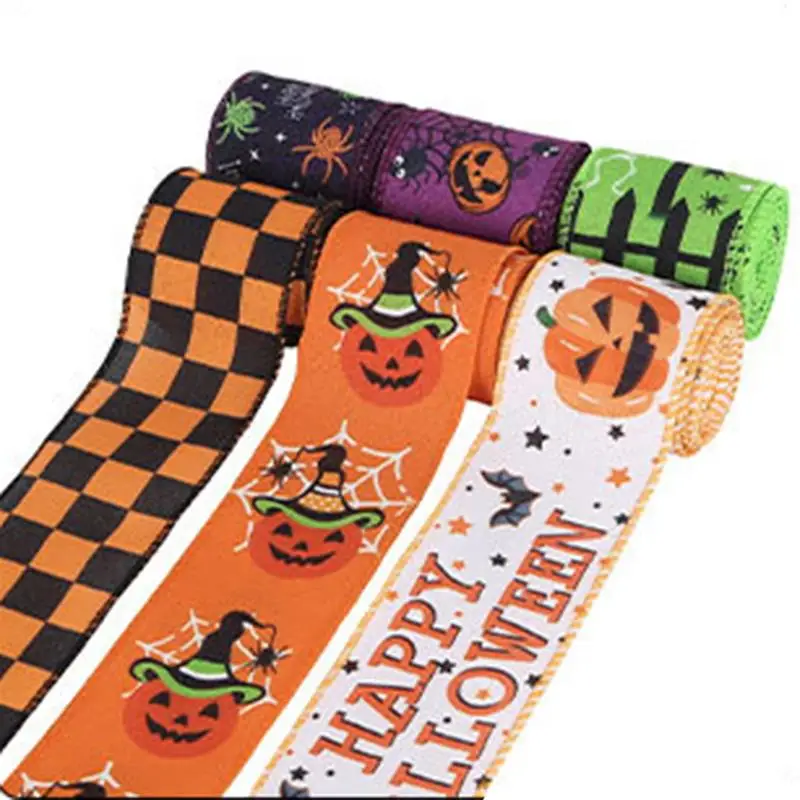 

6Yards 6 Roll Halloween Cartoon Series Grosgrain Ribbons Pumpkin Spider Ribbed Tape Festive Decoration Bow DIY Handmade Craft