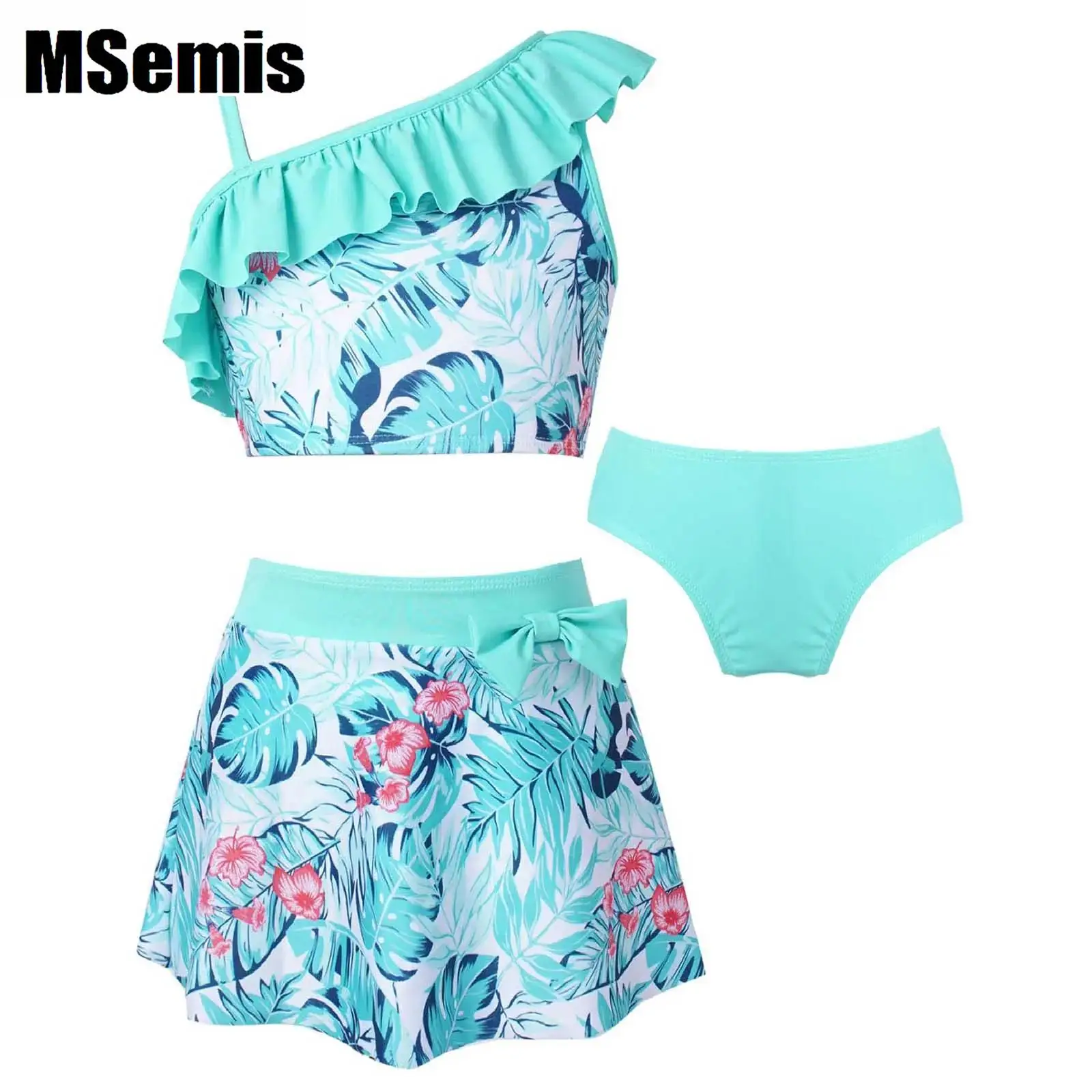 

3Pc Kids Floral Printing Swimsuits Girls Summer Tankini Outfits Shoulder Ruffle Tank Vest Crop Tops+Bikini Briefs+Skirts