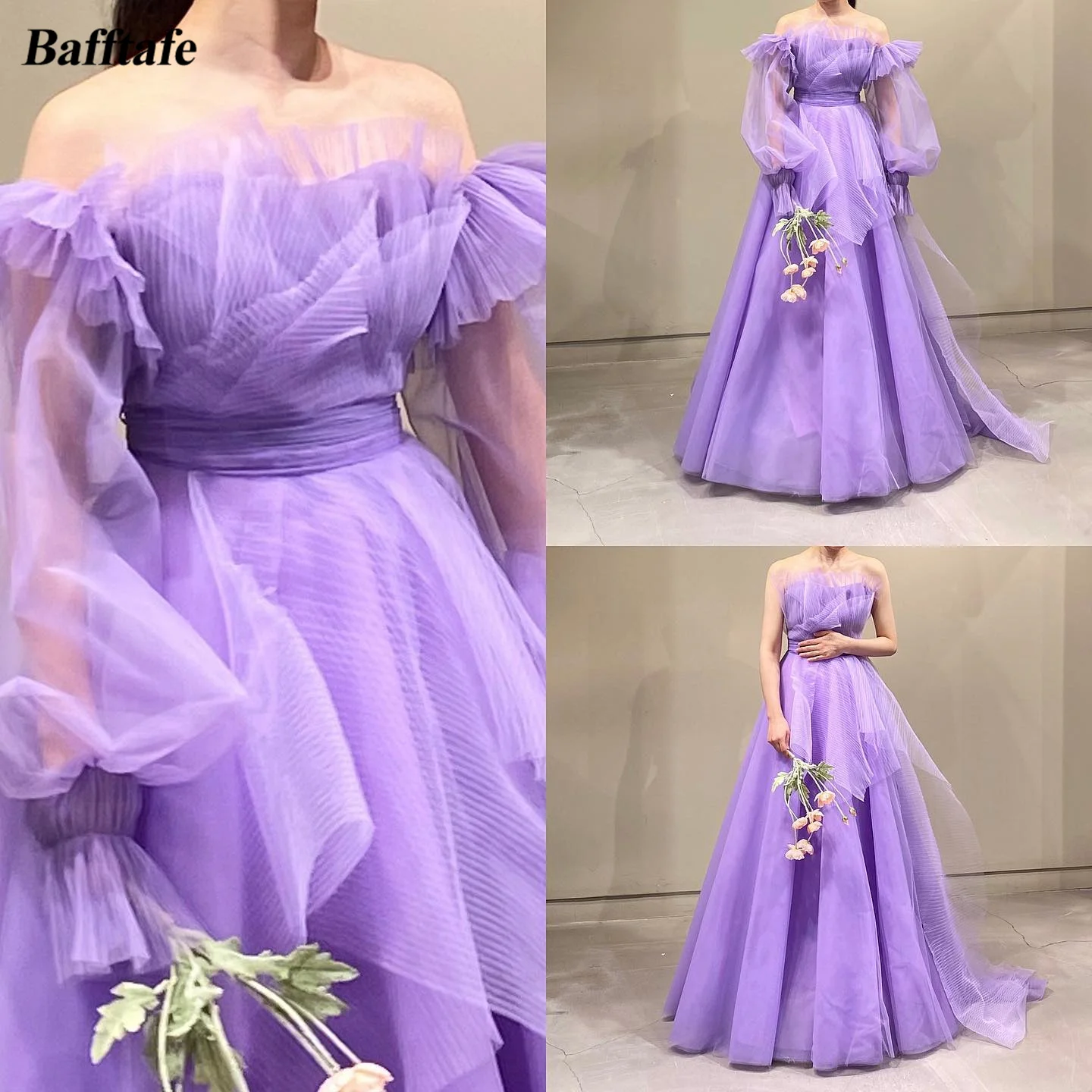 

Bafftafe Fairy Lavender Crumpled Tulle Prom Dresses Korea Women Wedding Photo-shoot Long Sleeve Evening Gowns Garden Bride Dress