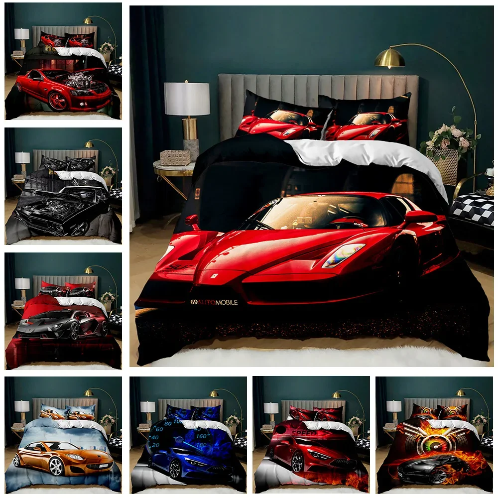 Race Car Bedding Set Twin Size Burning Red Flame Duvet Cover Set 3D Sports Car Duvet Cover 3Pcs Bedclothes King Duvet Cover