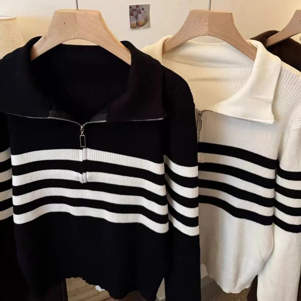 Leisure Long Sleeve Knit Stripe Sweater Slim Fit Zipper Knitted Crop Top Soft Autumn Winter Crochet Knitwear Autumn Spring