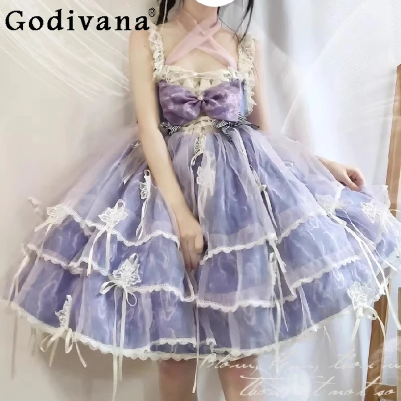 

Лолита, весна-лето, элегантное кружевное платье JSK с квадратным вырезом на подтяжках, милое платье трапециевидной формы с высокой талией для девочек, платья принцессы-торт