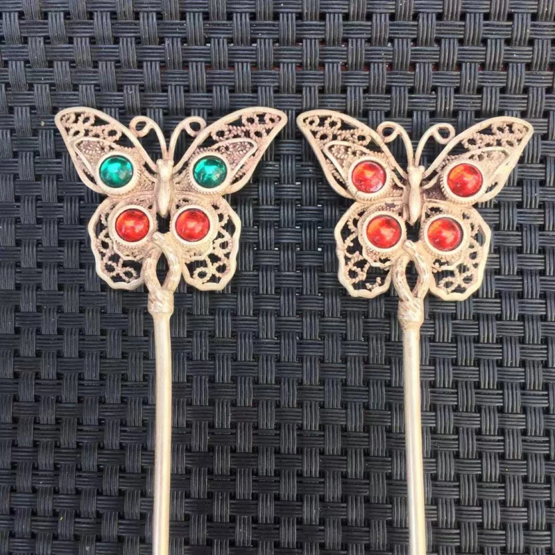 متوفر في المخزون دبوس شعر على الطراز التبتي مرصع بالأحجار الكريمة الحمراء والأخضر على شكل فراشة دبوس شعر على الطراز التبتي الفضي العرقي دبوس شعر على شكل ثروة Penda