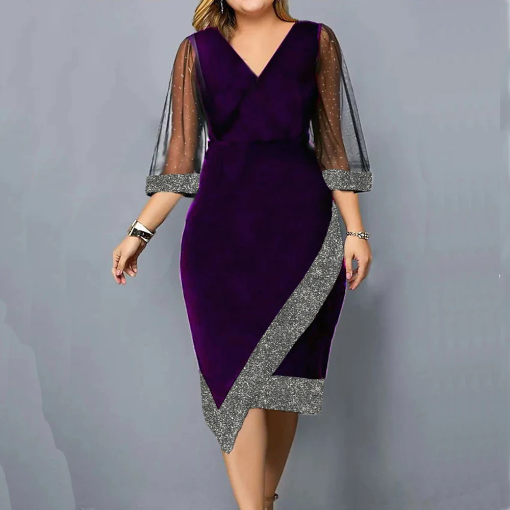 Plus Size L-5XL kobiet elegancka sukienka z dekoltem w szpic aksamitna nieregularna srebrny przewód przezroczysta siateczka długa sukienka suknia