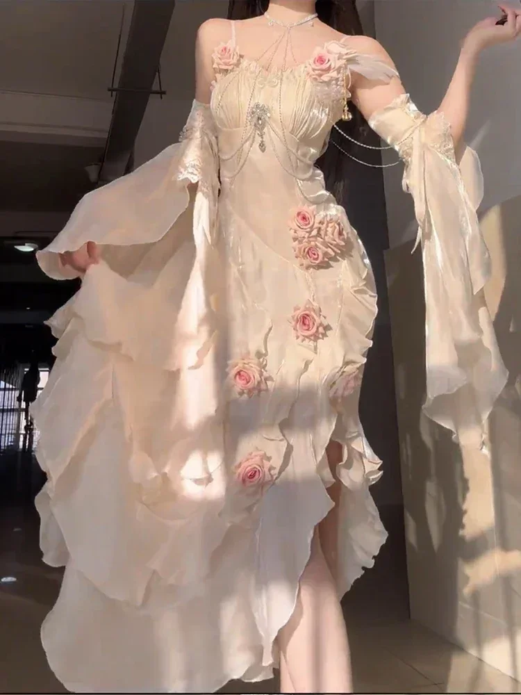 Damenkleid mit hoher Taille, schmal geschnitten, elegant, mit 3D-Rosen, unregelmäßigem Schnitt, langem Rock, Gothic-Ärmel, Sommer, süß, Lolita, Fischschwanz, Feenkleid – Detail 5