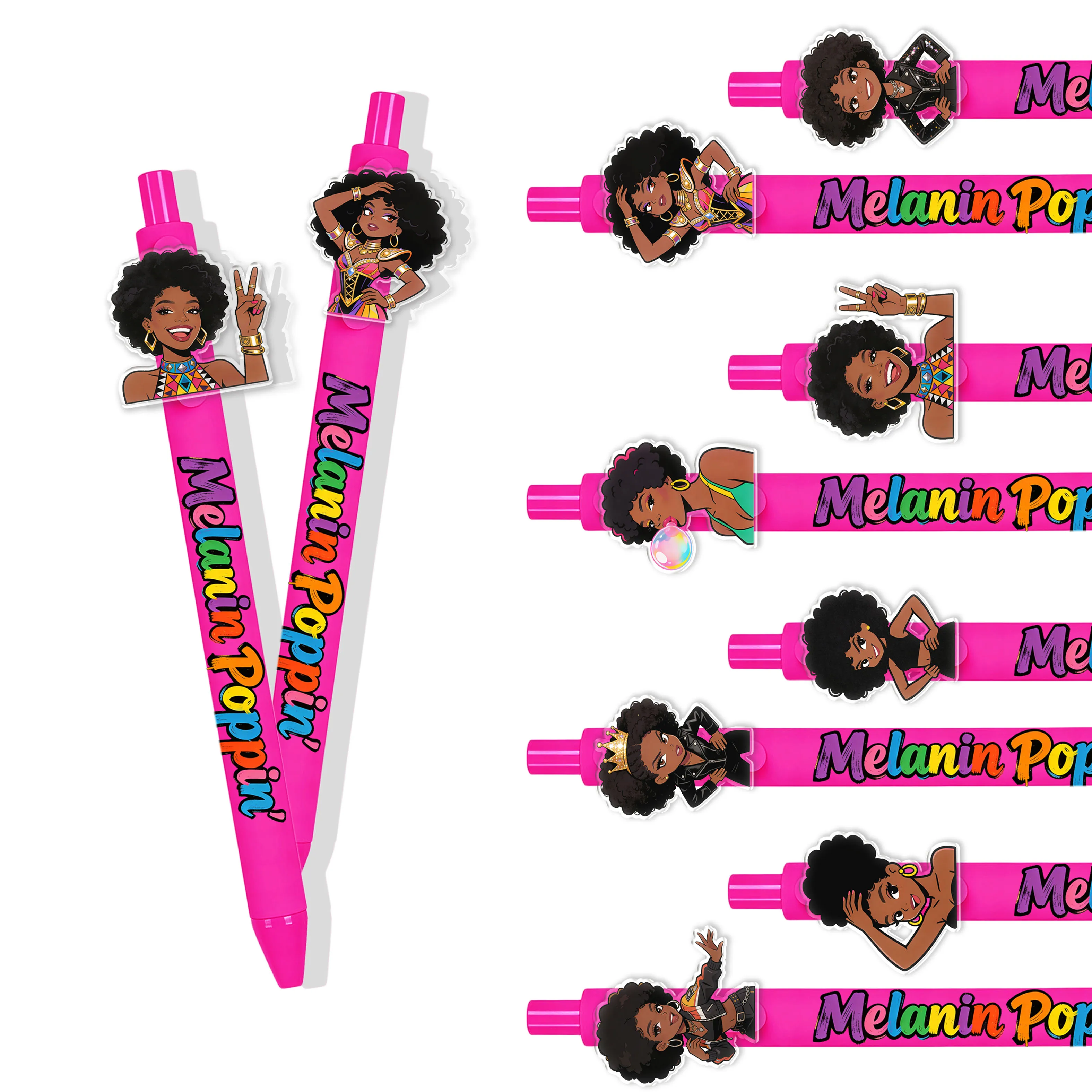 

10/14 Pcs Back to School Trendy Black Girl Ballpoint Pens, American Street Fashion Black Queen Style Writing Pens