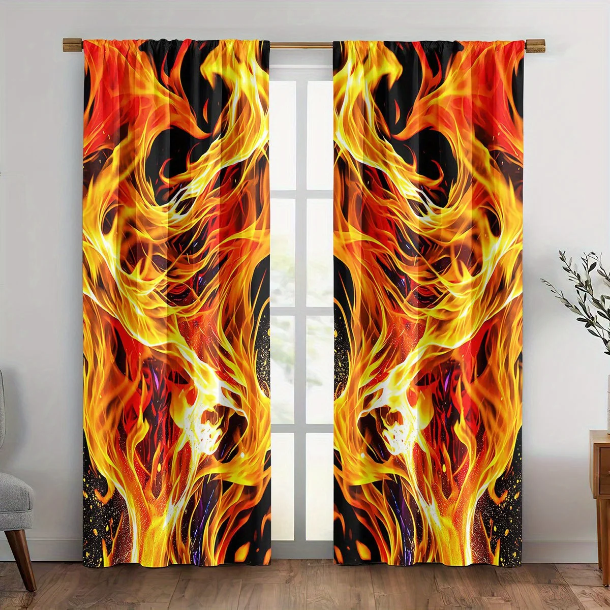 Abstract Fire Pattern Curtain, Burning Effect Digital Print Drapes, Red Yellow Black Window Curtains, Modern Living Room Decor