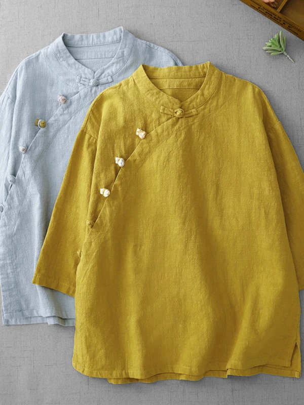 

Женская рубашка в китайском стиле с воротником на пуговицах, винтажный художественный дизайн с боковыми пуговицами, дышащая, свободного кроя, летняя блузка